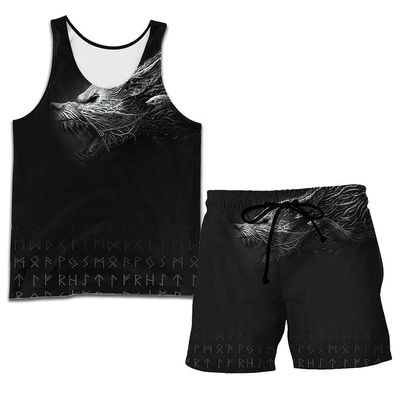 WDBAYXH Norse Viking 3D Print Tank Top Set, Fenrir Wolf Sleeveless Tee, Summer Mesh Quick Dry Workout T-Shirts Fitness Vest Athletic Shorts, Celtic Pagan Streetwear Tops,Set1,4XL
