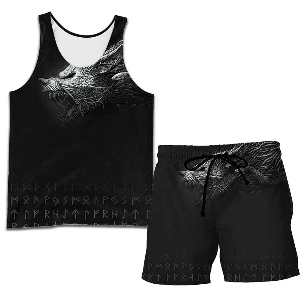WDBAYXH Norse Viking 3D Print Tank Top Set, Fenrir Wolf Sleeveless Tee, Summer Mesh Quick Dry Workout T-Shirts Fitness Vest Athletic Shorts, Celtic Pagan Streetwear Tops,Set1,4XL