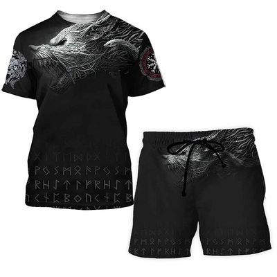 WDBAYXH Norse Viking 3D Print Tank Top Set, Fenrir Wolf Sleeveless Tee, Summer Mesh Quick Dry Workout T-Shirts Fitness Vest Athletic Shorts, Celtic Pagan Streetwear Tops,Set2,5XL