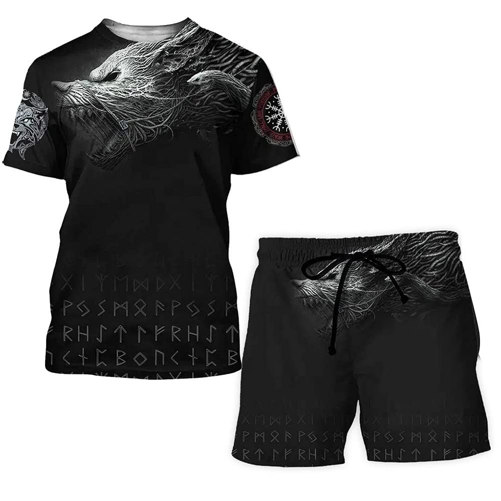 WDBAYXH Norse Viking 3D Print Tank Top Set, Fenrir Wolf Sleeveless Tee, Summer Mesh Quick Dry Workout T-Shirts Fitness Vest Athletic Shorts, Celtic Pagan Streetwear Tops,Set2,5XL