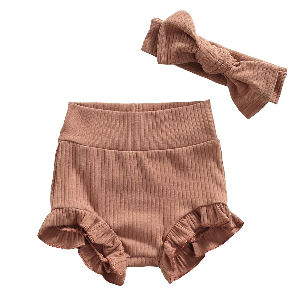 Mubineo Infant Baby Girl Basic Plain Cotton Ruffle Bloomer Shorts Headband Set (Coffee, 24 Months)