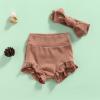 Mubineo Infant Baby Girl Basic Plain Cotton Ruffle Bloomer Shorts Headband Set (Coffee, 24 Months) view 3
