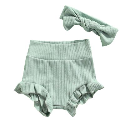 Mubineo Infant Baby Girl Basic Plain Cotton Ruffle Bloomer Shorts Headband Set (Green, 24 Months)