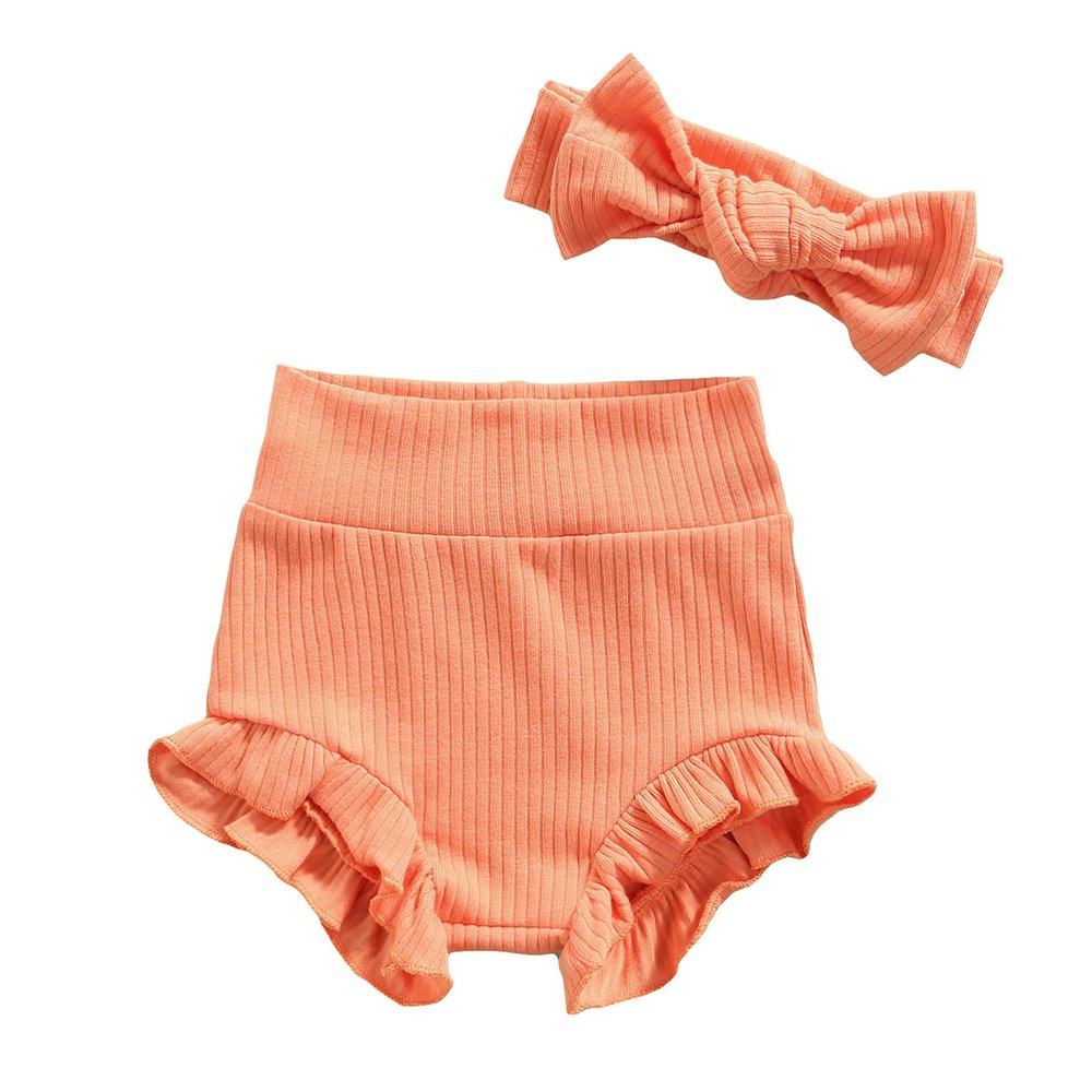Mubineo Infant Baby Girl Basic Plain Cotton Ruffle Bloomer Shorts Headband Set (Orange, 18 Months)