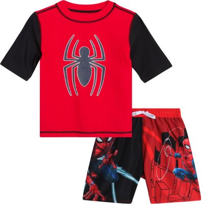 Marvel Boys Rash Guard Set - 2 Piece Spiderman Spidey & His Amazing Friends UPF50+ Swim Shirt & Swim Trunks for Boys (2T-12), Size 10-12, Red/Black Spider- Man