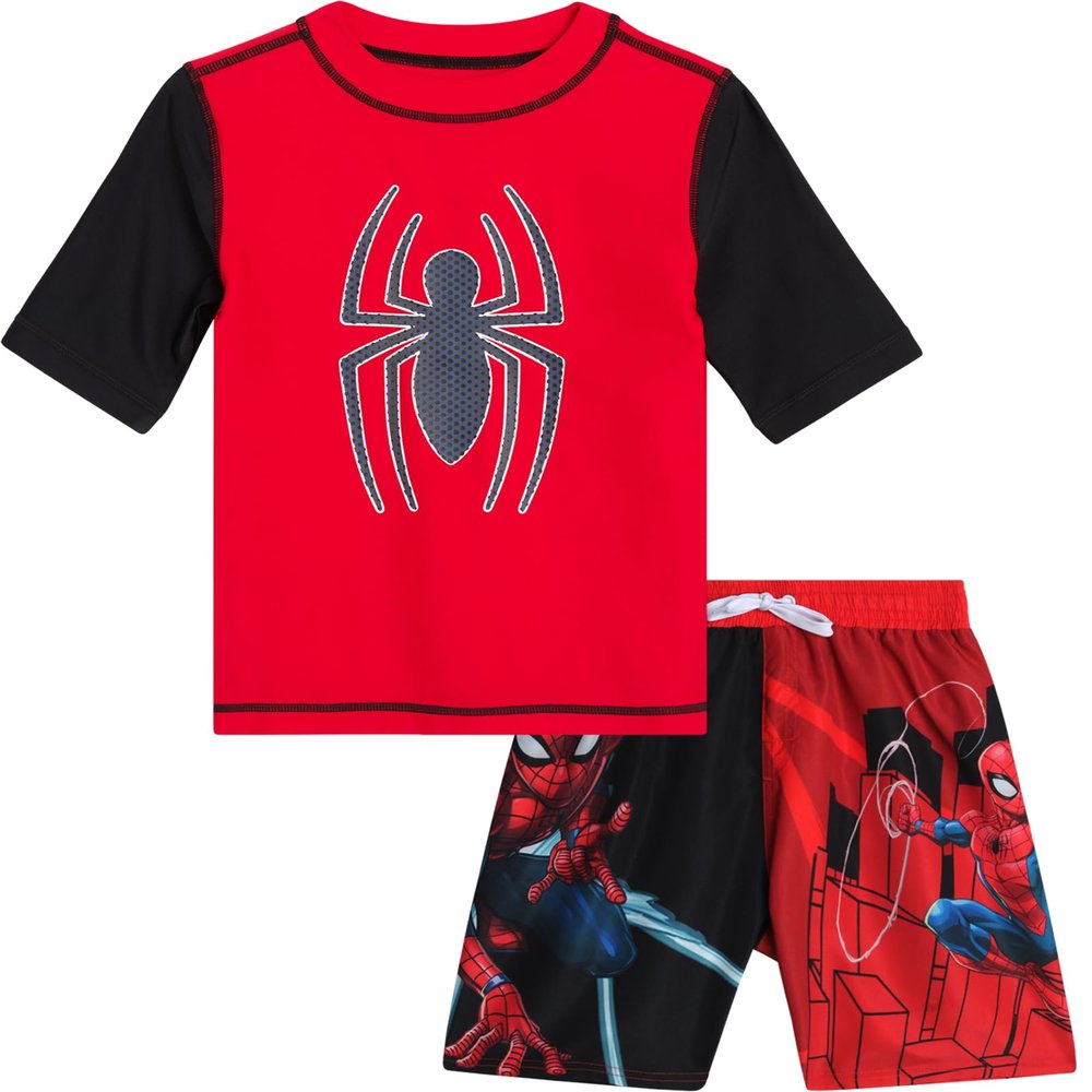 Marvel Boys Rash Guard Set - 2 Piece Spiderman Spidey & His Amazing Friends UPF50+ Swim Shirt & Swim Trunks for Boys (2T-12), Size 10-12, Red/Black Spider- Man