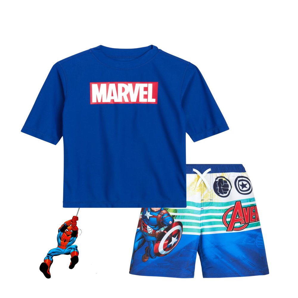 Marvel Boys Rash Guard Set - UPF 50 Avengers Short Sleeve Boys Swim Shirt and Swim Trunks (Sizes: 2T-12), Size 3T, Royal Avengers Stripes