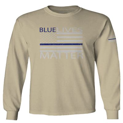 0181. Blue Lives Matter American Flag Thin Blue Line USA Police Support Patriotic Style Men's Long Sleeve t Shirt (Beige X-Large)