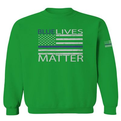 0181. Blue Lives Matter American Flag Thin Blue Line USA Police Support Patriotic Style Men's Crewneck Sweatshirt (Irish Green Medium)