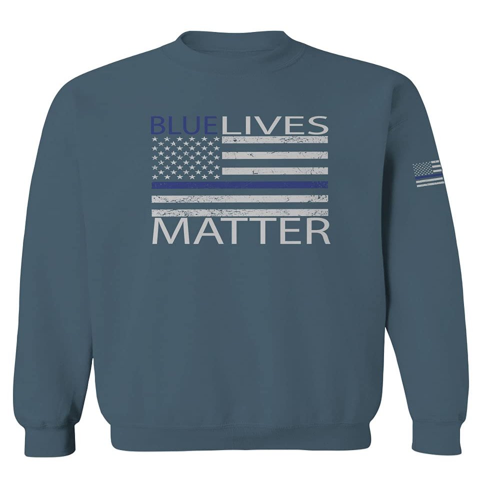 0181. Blue Lives Matter American Flag Thin Blue Line USA Police Support Patriotic Style Men's Crewneck Sweatshirt (Indigo Blue Small)