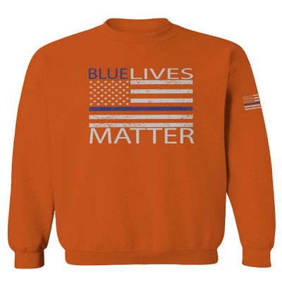 0181. Blue Lives Matter American Flag with Blue Line USA Police Support Patriotic Style Men's Crewneck Sweatshirt (Orange Medium)