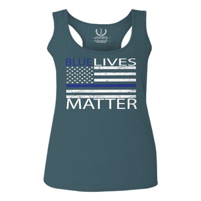 0181. Blue Lives Matter American Flag Thin Blue Line USA Police Support Patriotic Style Women's Tank Top Racerback (Indigo Blue X Small)