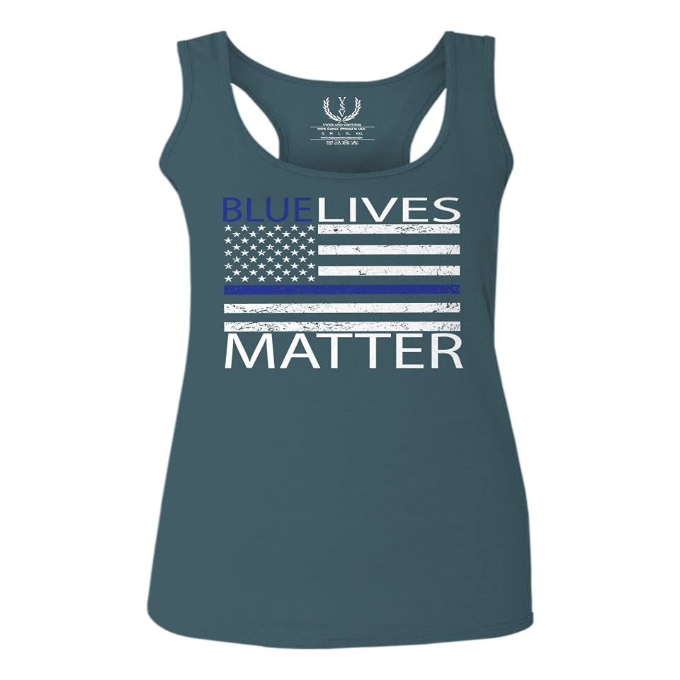 0181. Blue Lives Matter American Flag Thin Blue Line USA Police Support Patriotic Style Women's Tank Top Racerback (Indigo Blue X Small)