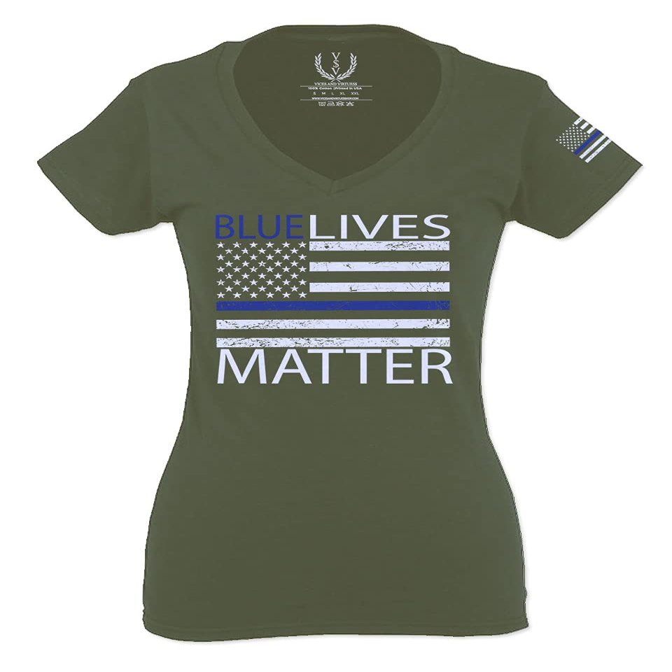 0181. Blue Lives Matter American Flag Thin Blue Line USA Police Support Patriotic Style for Women V Neck Fitted T Shirt (Black, X Small)