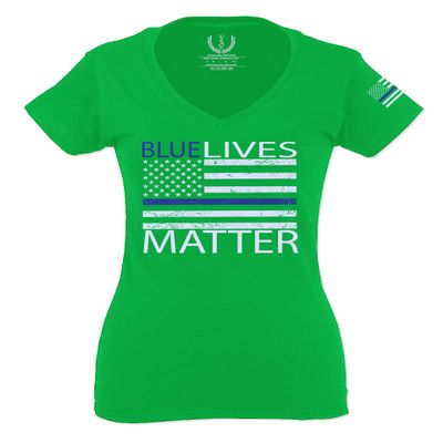 0181. Blue Lives Matter American Flag Thin Blue Line USA Police Support Patriotic Style for Women V Neck Fitted T Shirt (Irish Green Medium)