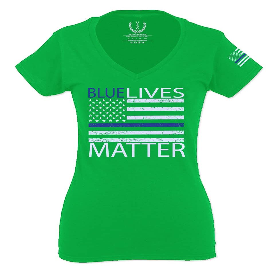 0181. Blue Lives Matter American Flag Thin Blue Line USA Police Support Patriotic Style for Women V Neck Fitted T Shirt (Irish Green Medium)