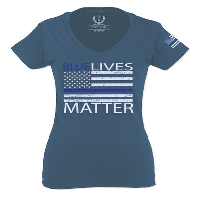 0181. Blue Lives Matter American Flag Thin Blue Line USA Police Support Patriotic Style for Women V Neck Fitted T Shirt (Indigo Blue Medium)