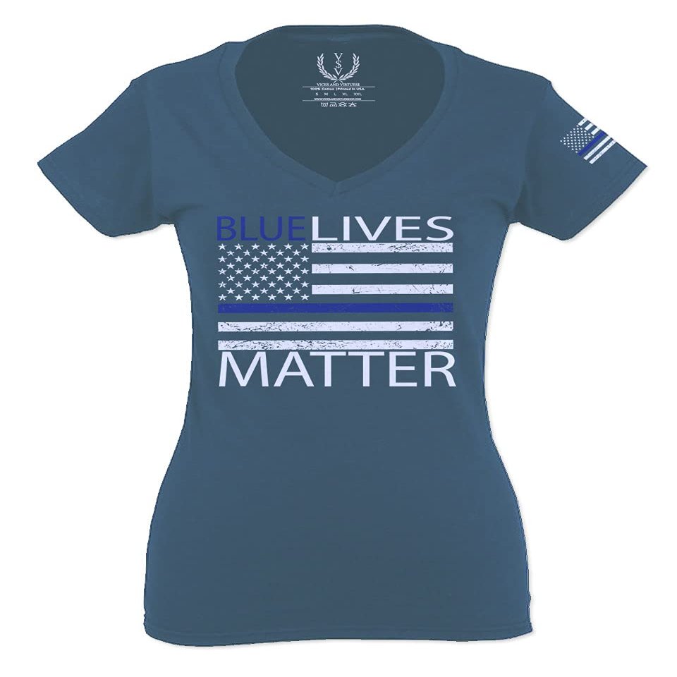 0181. Blue Lives Matter American Flag Thin Blue Line USA Police Support Patriotic Style for Women V Neck Fitted T Shirt (Indigo Blue Medium)