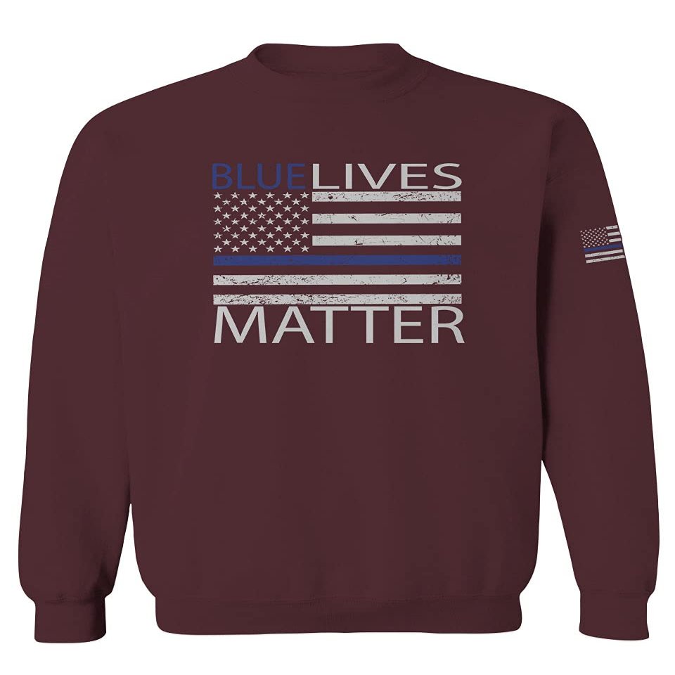 0181. Blue Lives Matter American Flag Thin Blue Line USA Police Support Patriotic Style Men's Crewneck Sweatshirt (Maroon Small)