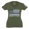 0181. Blue Lives Matter American Flag Thin Blue Line USA Police Support Patriotic Style for Women V Neck Fitted T Shirt (Olive, X Small) view 1