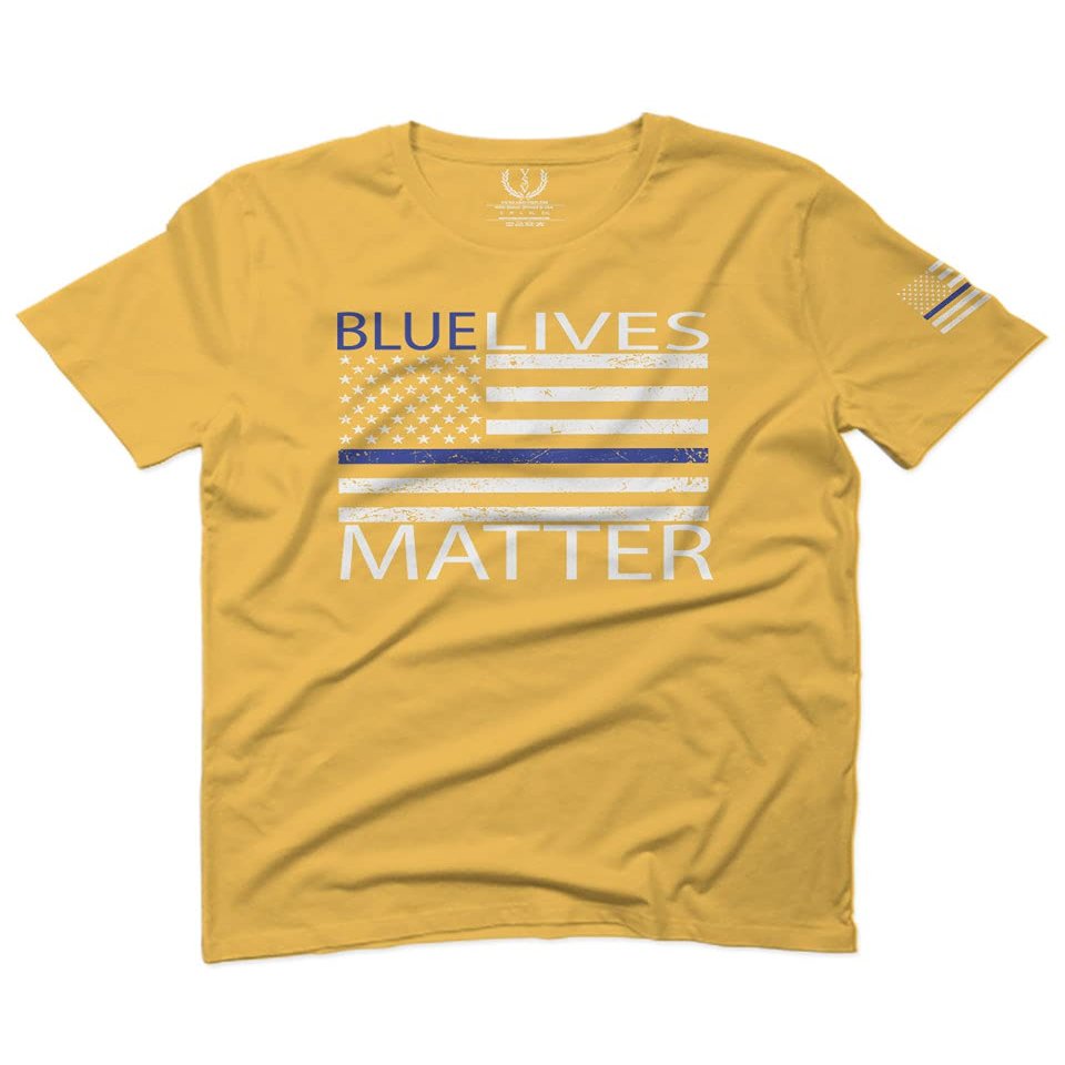 0181. Blue Lives Matter American Flag Thin Blue Line USA Police Support Patriotic Style for Men T Shirt (Gold Small)