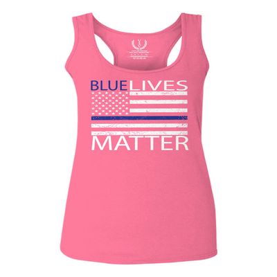 0181. Blue Lives Matter American Flag Thin Blue Line USA Police Support Patriotic Style Women's Tank Top Racerback (Pink X Small)
