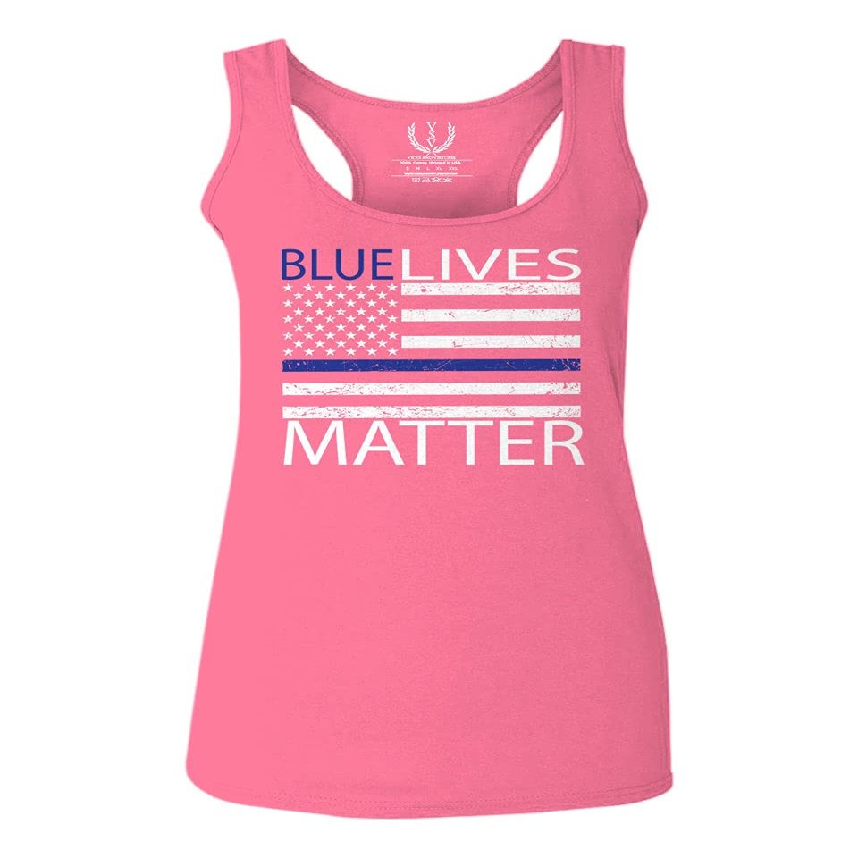 0181. Blue Lives Matter American Flag Thin Blue Line USA Police Support Patriotic Style Women's Tank Top Racerback (Pink X Small)