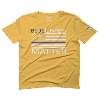 0181. Blue Lives Matter American Flag with Blue Line USA Police Support Patriotic Style for Men T Shirt (Gold Medium)