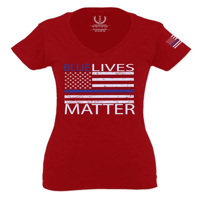 0181. Blue Lives Matter American Flag Thin Blue Line USA Police Support Patriotic Style for Women V Neck Fitted T Shirt (Red, X Small)