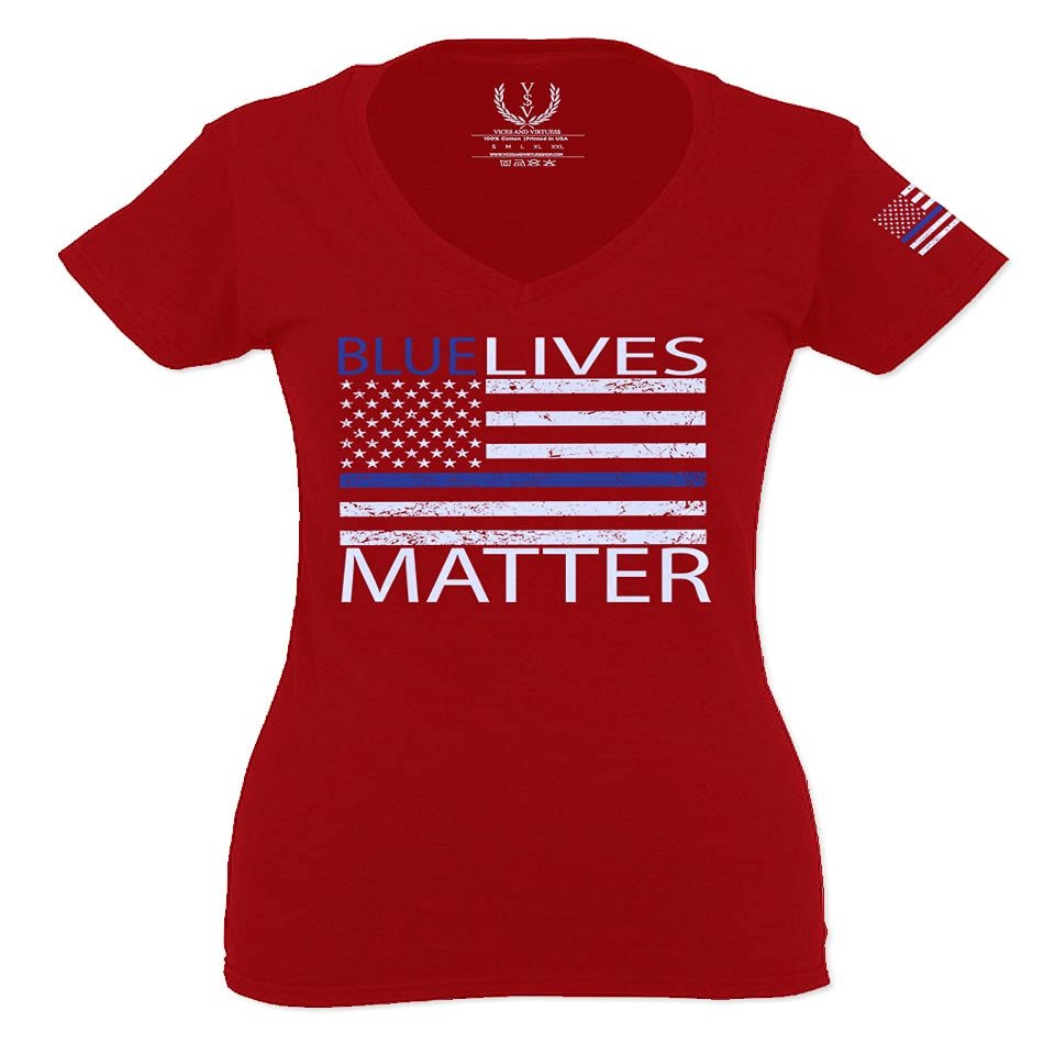 0181. Blue Lives Matter American Flag Thin Blue Line USA Police Support Patriotic Style for Women V Neck Fitted T Shirt (Red, X Small)