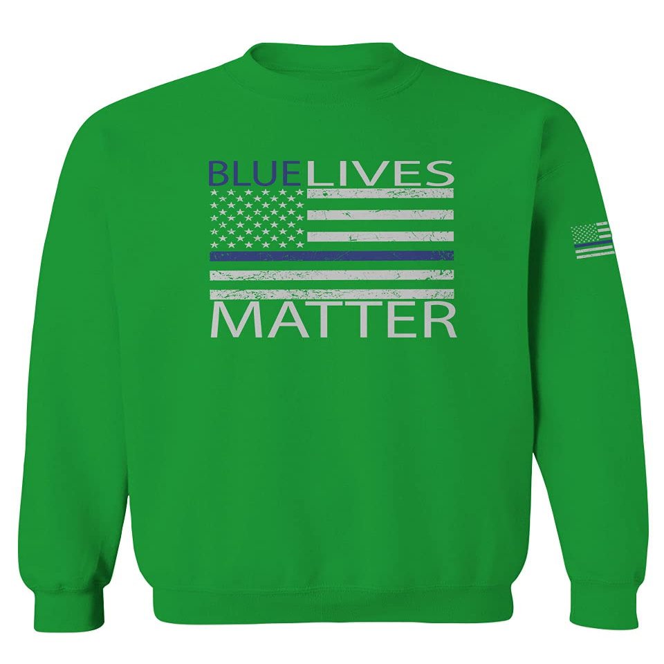 0181. Blue Lives Matter American Flag Thin Blue Line USA Police Support Patriotic Style Men's Crewneck Sweatshirt (Irish Green Small)