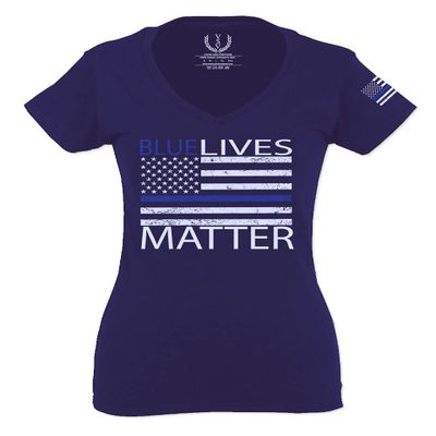 0181. Blue Lives Matter American Flag Thin Blue Line USA Police Support Patriotic Style for Women V Neck Fitted T Shirt (Navy Blue, X Small)