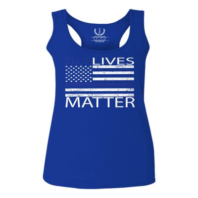 0181. Blue Lives Matter American Flag Thin Blue Line USA Police Support Patriotic Style Women's Tank Top Racerback (Royal Medium)
