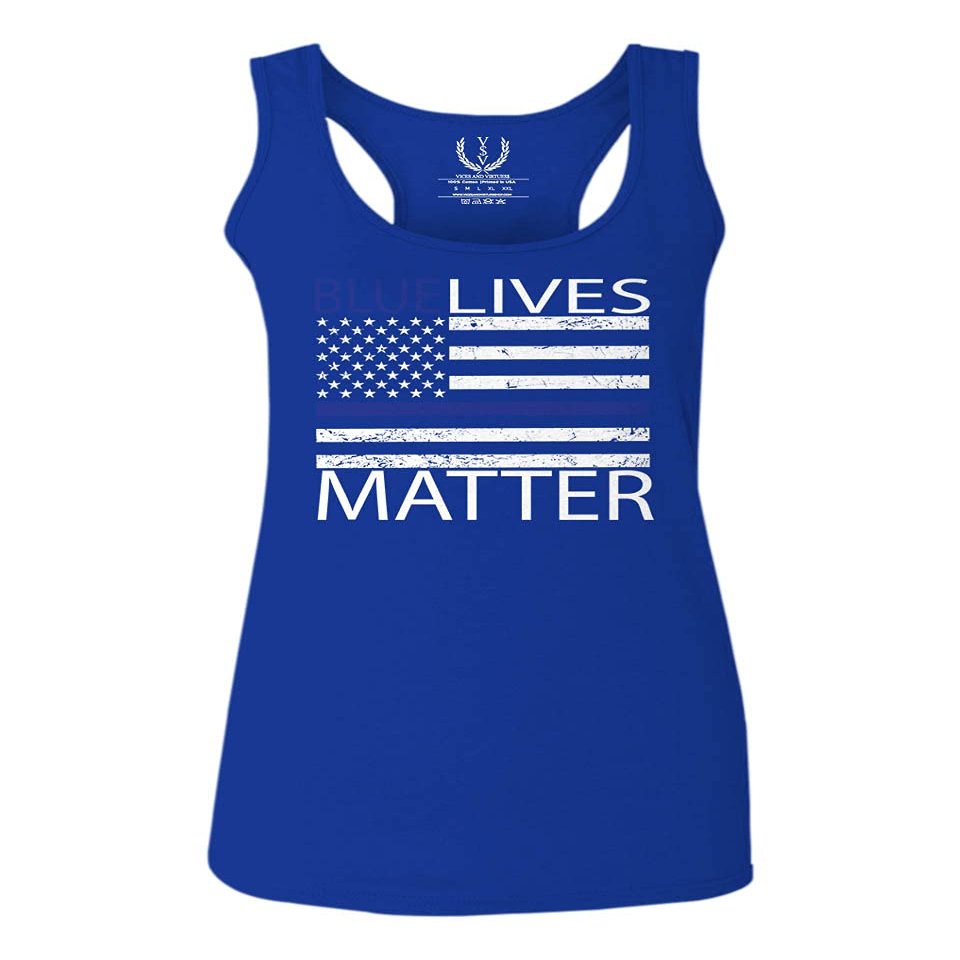 0181. Blue Lives Matter American Flag Thin Blue Line USA Police Support Patriotic Style Women's Tank Top Racerback (Royal Medium)