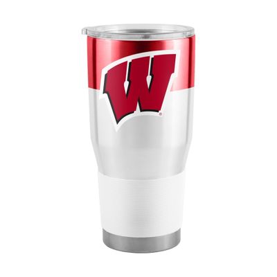 Logo Brands NCAA Wisconsin Badgers - 30oz Colorblock Stainless Steel Tumbler, Double-Wall Vacuum Insulated, Slider Lid, Ergonomic Design, Silicone Grip