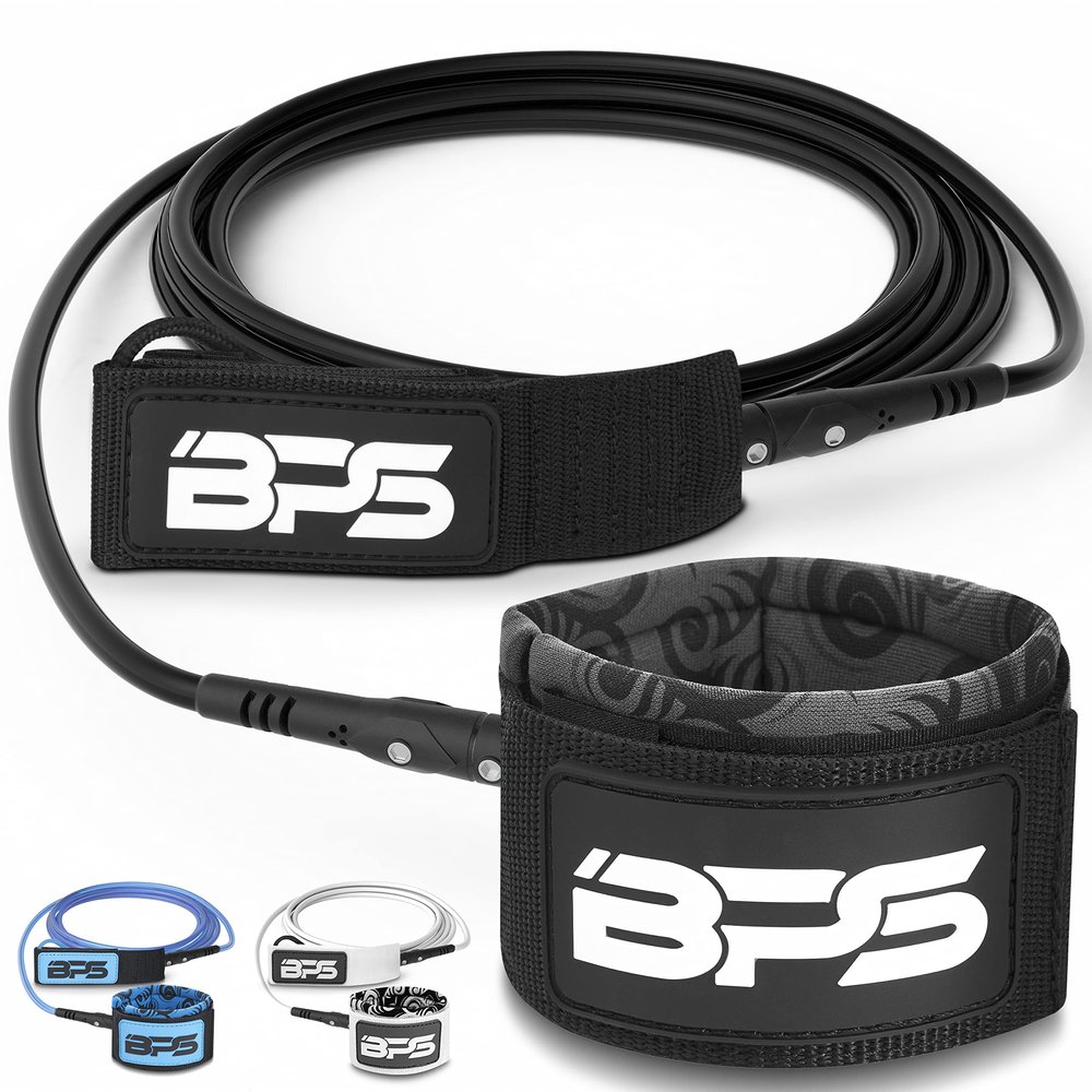 BPS 'Storm' 10-Foot Surfboard Straight Leash - Premium SUP/Surf Durable Leg Rope No Rusting Stainless Steel Swivels and Triple Rail Saver - for SUP Paddle Boarding Surfboarding (Koru Black)
