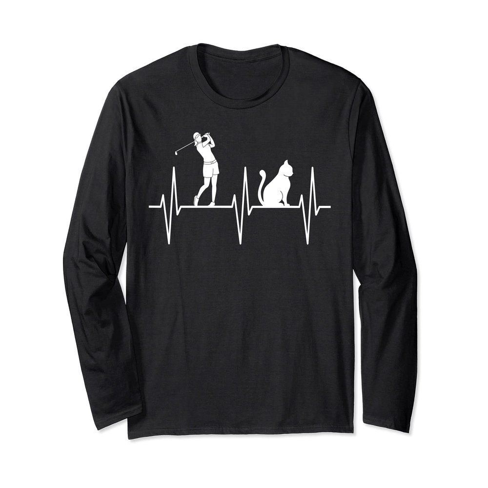 Golfing Shirt Funny Cat Lover Golf Heartbeat Female Golfer Long Sleeve T-Shirt