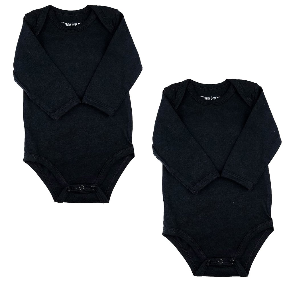 123 Bear Baby Cotton Spandex Infant Bodysuits Long Sleeve and Short Sleeve (Black 2-Pack Long Sleeve, 0-3 Months)