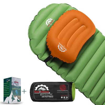 Gear Doctors Ultralight 17oz Apollo-Air Sleeping pad + Orange Anti Slip Camping Pillow Duo, 5.2 R-Value 4 Season Air Mattress with Ergonomic Ultralight Pillow The Size of A Soda Can