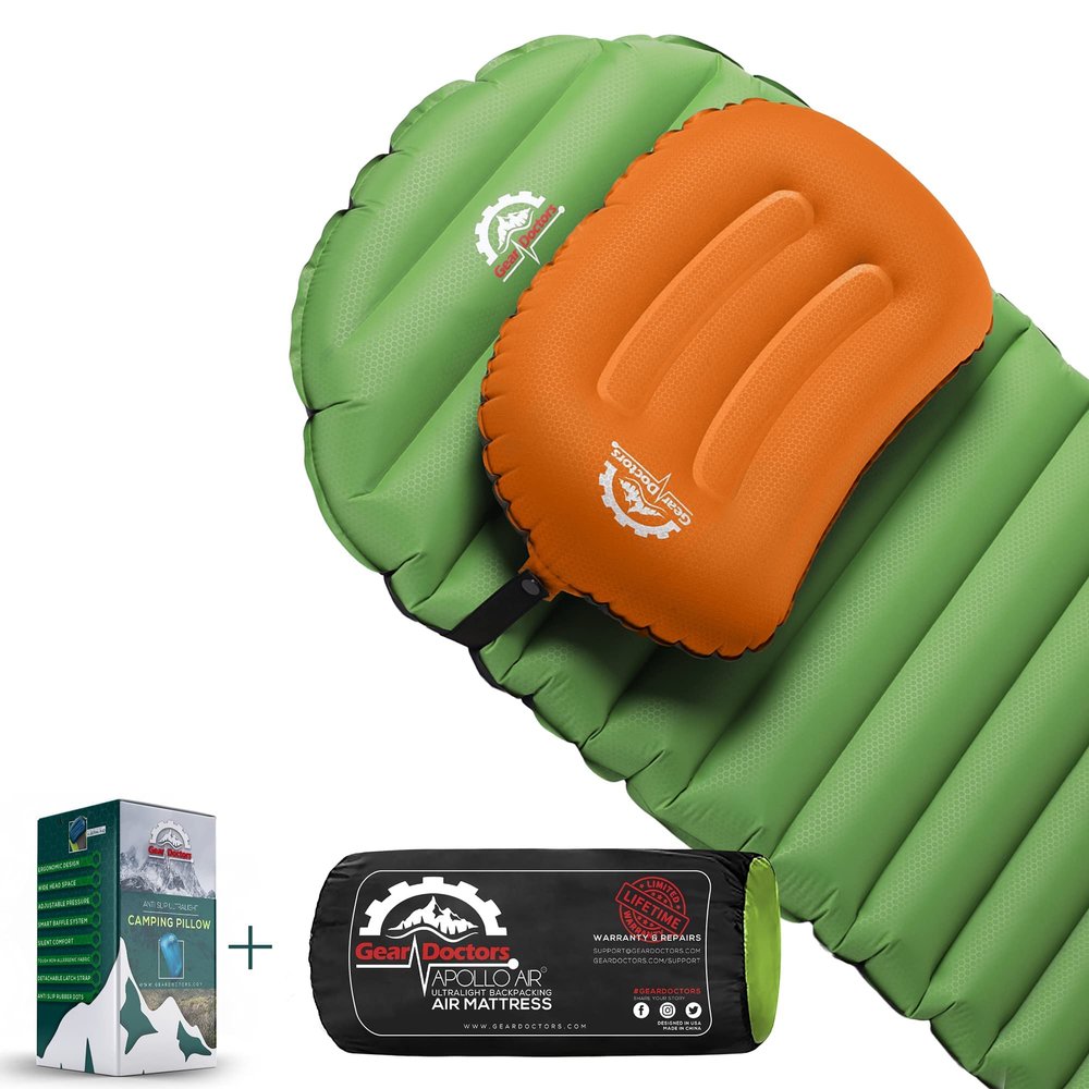 Gear Doctors Ultralight 17oz Apollo-Air Sleeping pad + Orange Anti Slip Camping Pillow Duo, 5.2 R-Value 4 Season Air Mattress with Ergonomic Ultralight Pillow The Size of A Soda Can