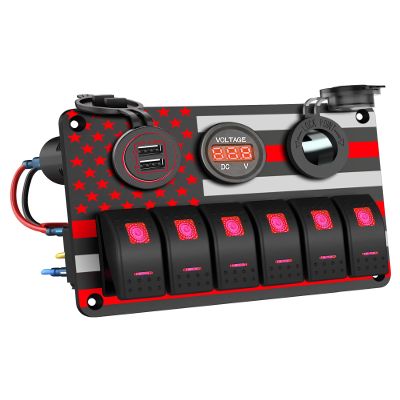 IZTOSS 6 Gang Switch Panel Waterproof Rocker Switch Panel Aluminum American Flag Design Marine Swtich Panel with Dual USB Charger, Digital Voltmeter, Power Socket for Boat Car RV
