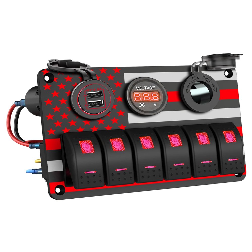 IZTOSS 6 Gang Switch Panel Waterproof Rocker Switch Panel Aluminum American Flag Design Marine Swtich Panel with Dual USB Charger, Digital Voltmeter, Power Socket for Boat Car RV
