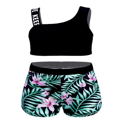 Freebily Kids Girls Two Pieces Athletic Swimsuit Gym Sports Workout Tank Top with Booty Shorts Set Green Lily 8 Years