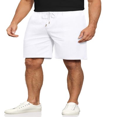 Janmid Men's Linen Casual Classic Fit Short Drawstring Summer Beach Shorts with Pockets White M