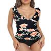 Hilor Women's Tankini Swimsuits Shirred Tummy Control Swimwear Ruffled V Neck Two Piece Bathing Suits Black&Floral 8 view 2