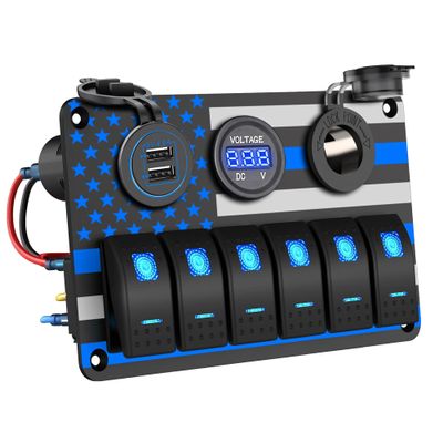 IZTOSS 6 Gang Switch Panel Waterproof Rocker Switch Panel Aluminum American Flag Design Marine Swtich Panel with Dual USB Charger, Digital Voltmeter, Power Socket for Boat Car RV