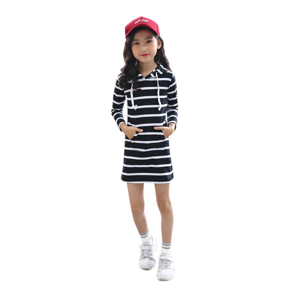 Digood Girls Floral Print Tutu Dress,Teen Kids Girls Long Sleeve Stripe Slim Pencil Skirt Hooded Princess Dress(Black,5-7 Years)