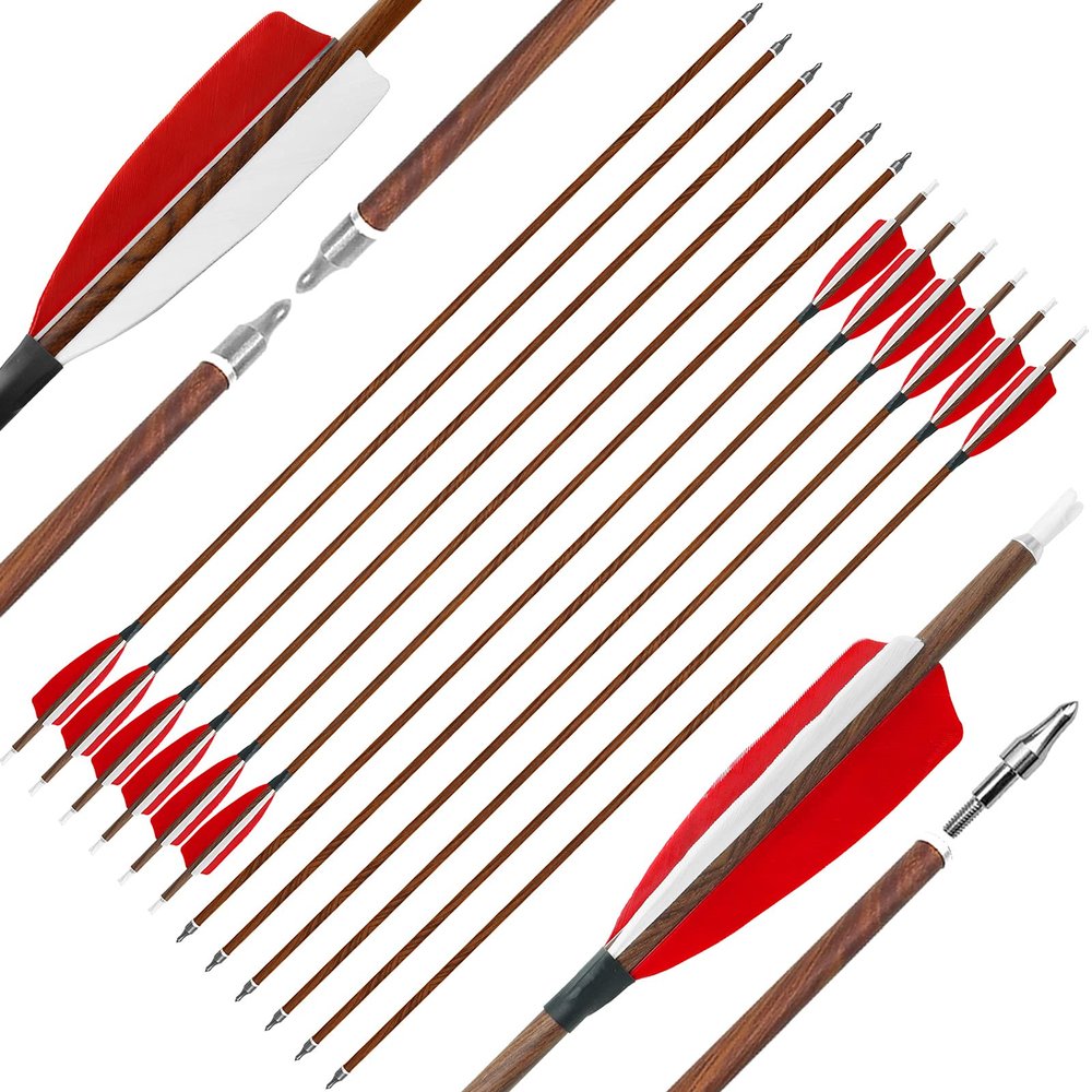 Hunting Archery Carbon Arrows 30 inch Wood Grain Shaft Feather Arrows with Removable Stainless Steel Tips Targeting Arrows for Compound Bow Recurve Bow Sport Bow (Spine 500,12pcs)