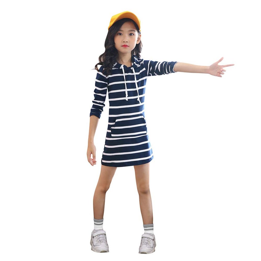Digood Girls Formal Pageant Gown Dress,Teen Kids Girls Long Sleeve Stripe Slim Pencil Skirt Hooded Princess Dress(Navy,7-9 Years)