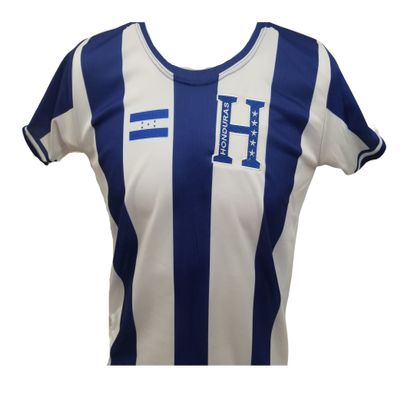 REAS Camisa Seleccion de Honduras para nios, La Camisa del pas que te vo nacer, Colores Azul y Blanco Con la H Bordada (Rayada Blanca y Azul, Talla 16)